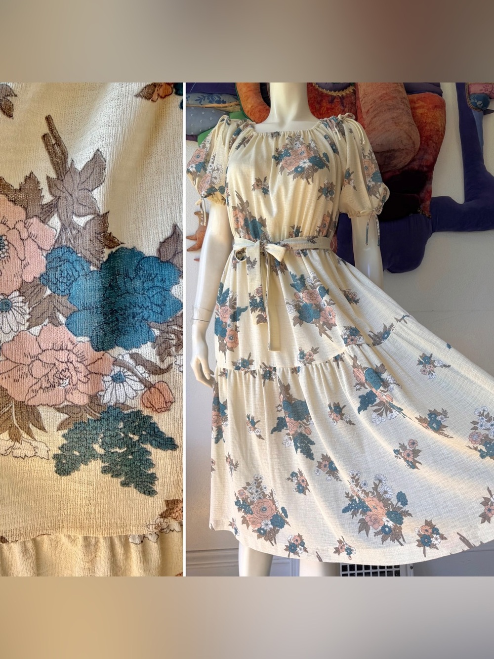 Vintage 1970s BOHEMIAN FLORAL DRESS On/Off Shoulder Ties Boho Airy Lightweight